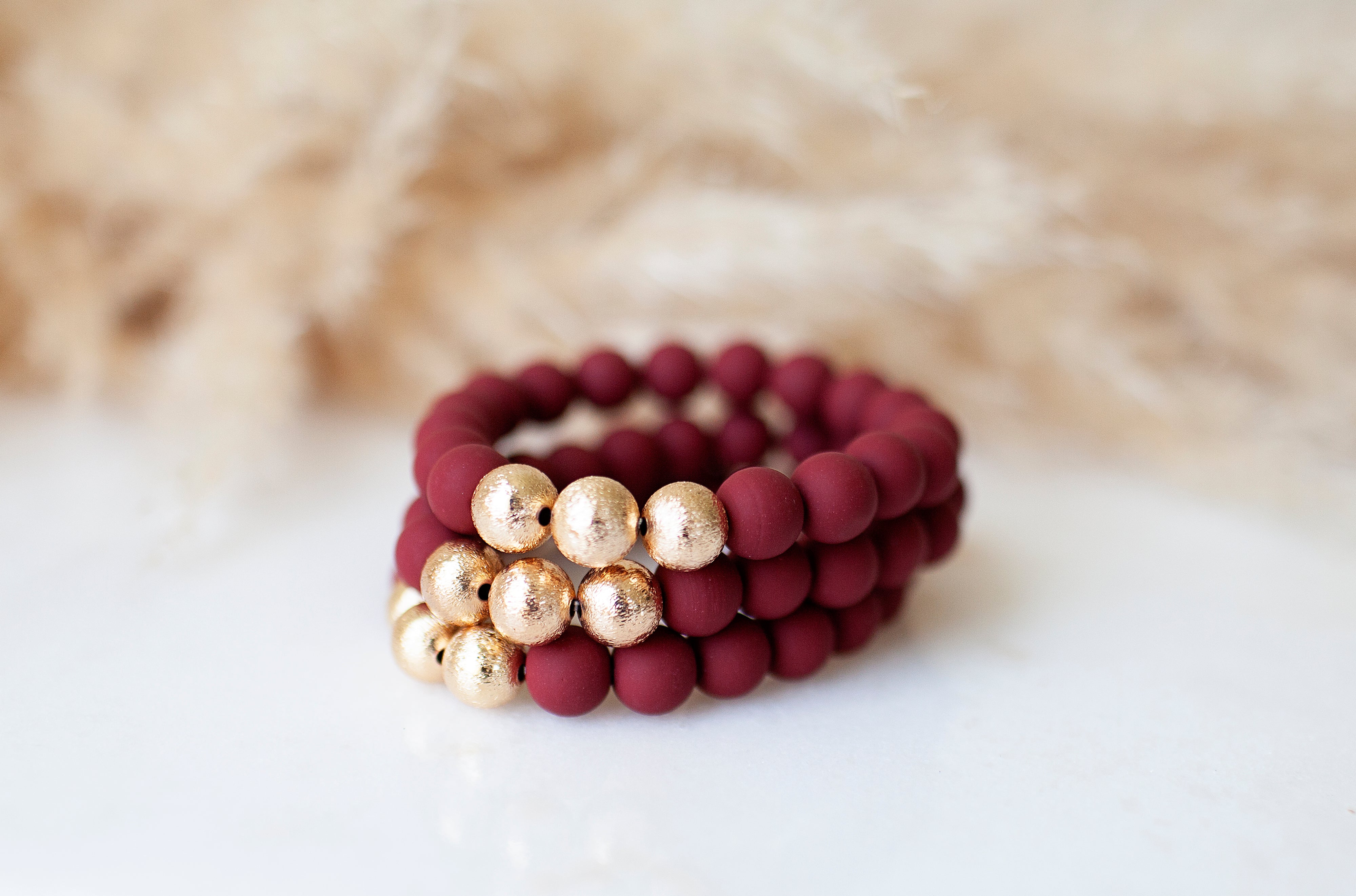 MAROON CLAY AND GOLD BEADED BRACELET (SET OF 3)