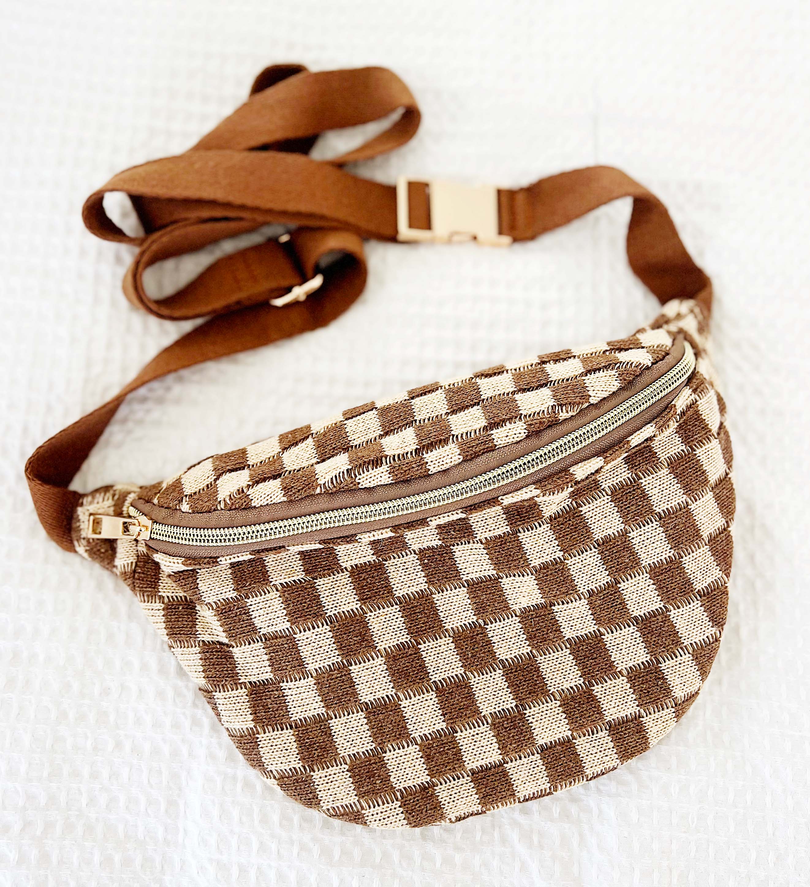 tan and white checked fanny pack lv